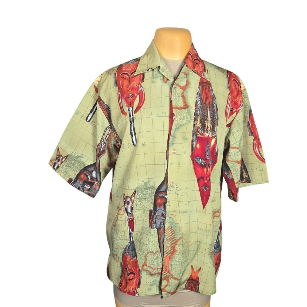 Raider Jeans‎ Co Shirt Mens Medium Button Up Shirt Green Tribal Masks Vacation